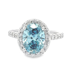 LAB GROWN FANCY BLUE OVAL AND ROUND DIAMONDS 3.26CTW HALO RING