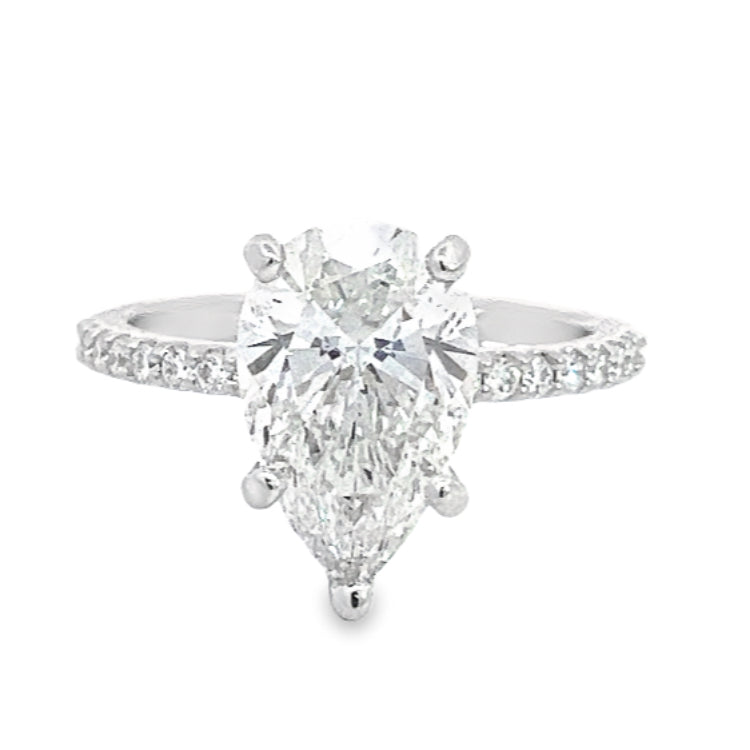 LAB GROWN PEAR & ROUND DIAMONDS 3.14CTW PRONG SET LOW UNDER HALO RING