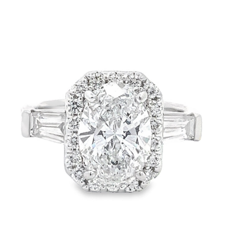 LAB GROWN OVAL, BAGUETTE, & ROUND DIAMONDS 3.58CTW THREE STONE HALO CENTER RING