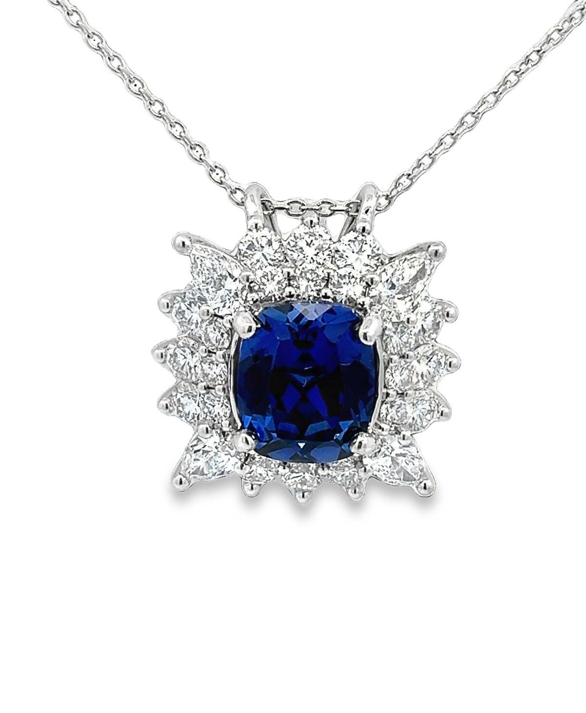 LAB GROWN CUSHION SAPPHIRE, PEAR & ROUND DIAMONDS 6.07ctw CUSTOM PENDANT