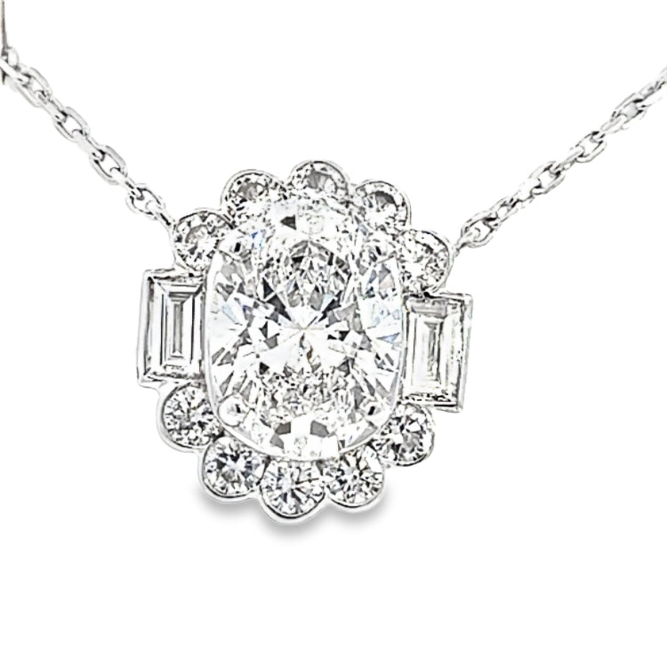 LAB GROWN OVAL, ROUND, & BAGUETTE DIAMONDS 3.54ctw HALO STYLE PENDANT